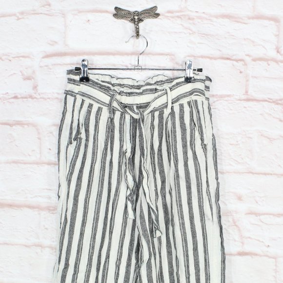 Jolt Womens Black White Striped Wide Leg Tie Paper Bag Linen Pants Size M - Picture 2 of 9
